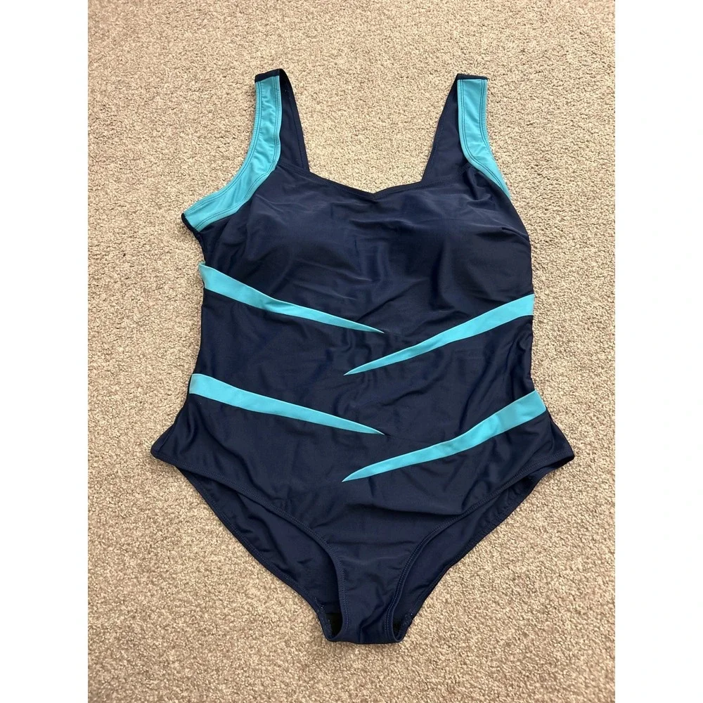 Beach b.p.c. One Piece Swimsuit Womens 16W Navy Blue Excellent Colorblock Wrap‎